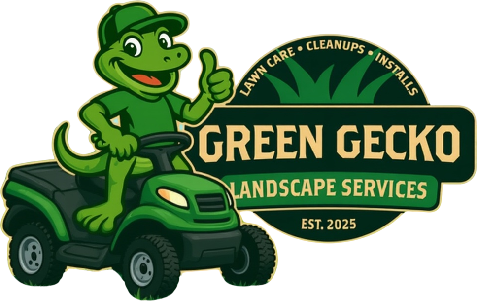 A cartoon gecko in green clothing rides a lawn mower, giving a thumbs up beside the Green Gecko Landscape Services logo, which features grass and text about expert lawn care, cleanups, and installs.