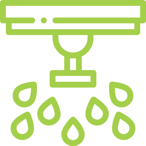 Green line drawing of a ceiling sprinkler head releasing water droplets, visually echoing the patterns seen in landscape or lawn care irrigation systems, representing a fire sprinkler system.
