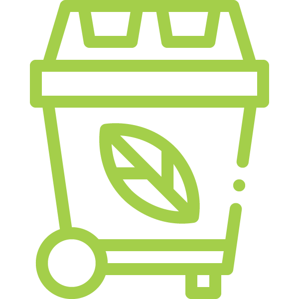 Green line drawing of a recycling bin with a leaf symbol on the front, representing eco-friendly or compostable waste disposal—perfect for landscape maintenance and responsible lawn care practices.